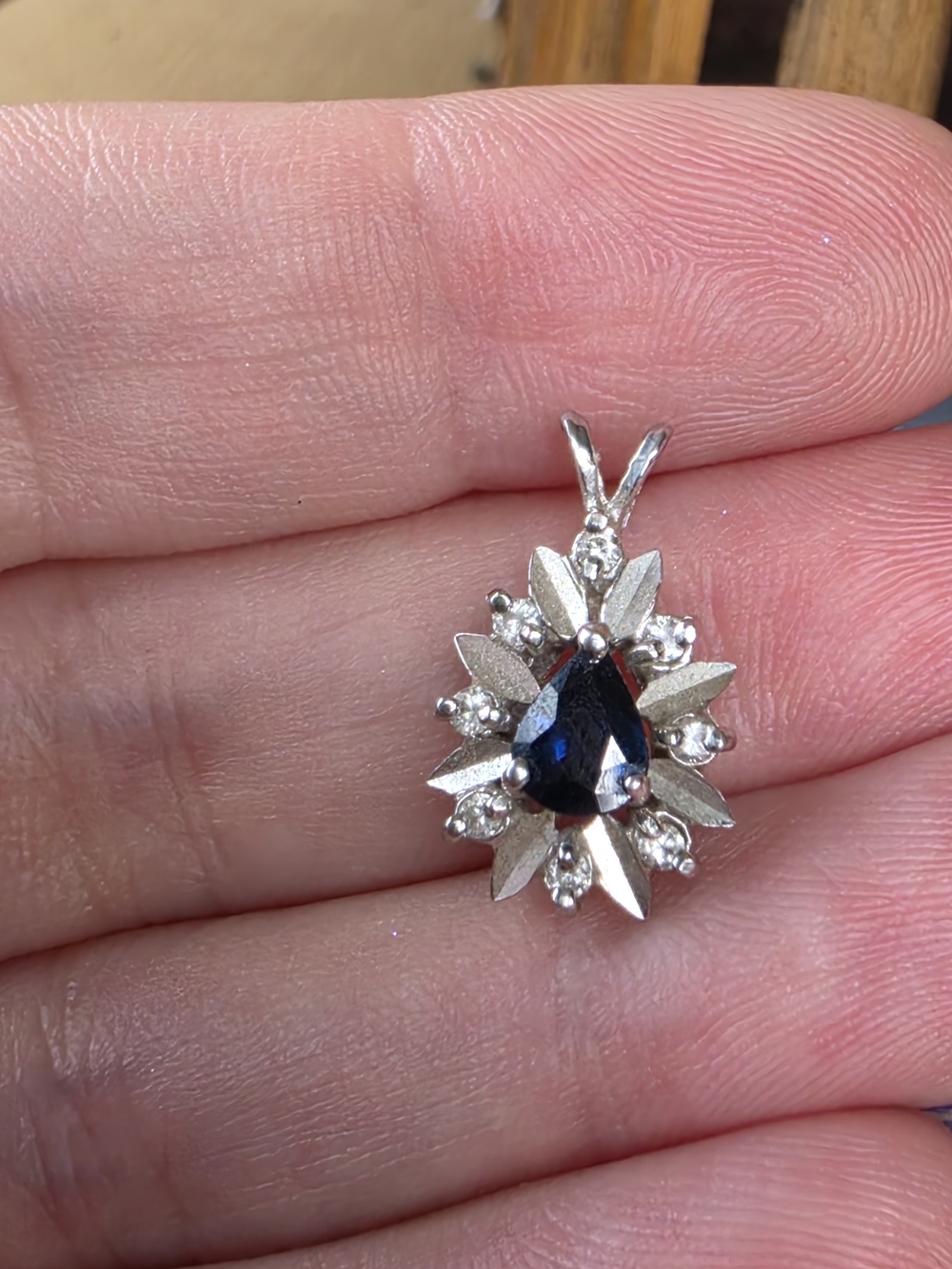 14k white gold teardrop sapphire and diamond pendant! See all pics for more info